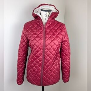 Vangull Women's Burgundy Red Quilted Plush Hooded Zip Jacket S Lightweight